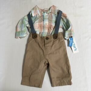 Carter's Baby Boy Bodysuit, Pants & Suspenders Set Size 6 Months Tan Plaid